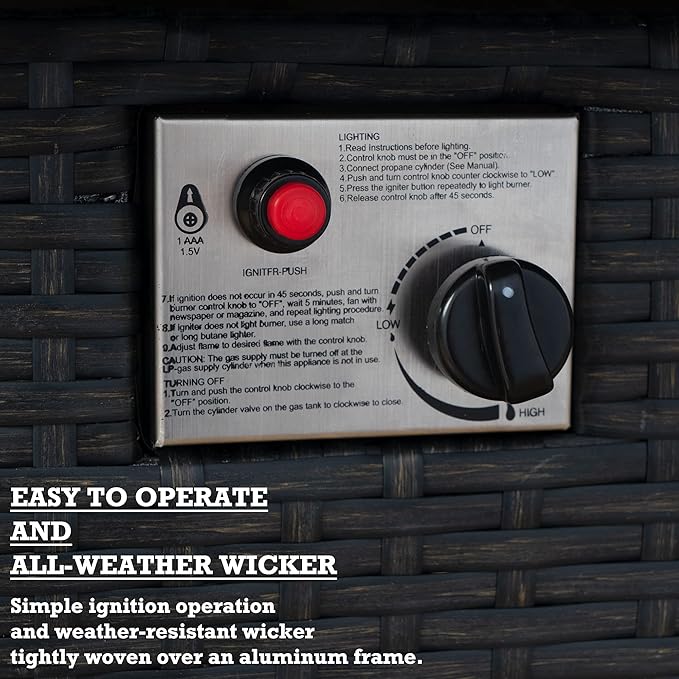 Kozyard Outdoor Patio Propane Gas Fire Pit Table - 50,000 BTU Wicker Design with Aluminum Tabletop, Glass Wind Guard, Clear Glass Rocks, and Slide Out Tank Holder - Ideal Patio Fire Table (Gray)