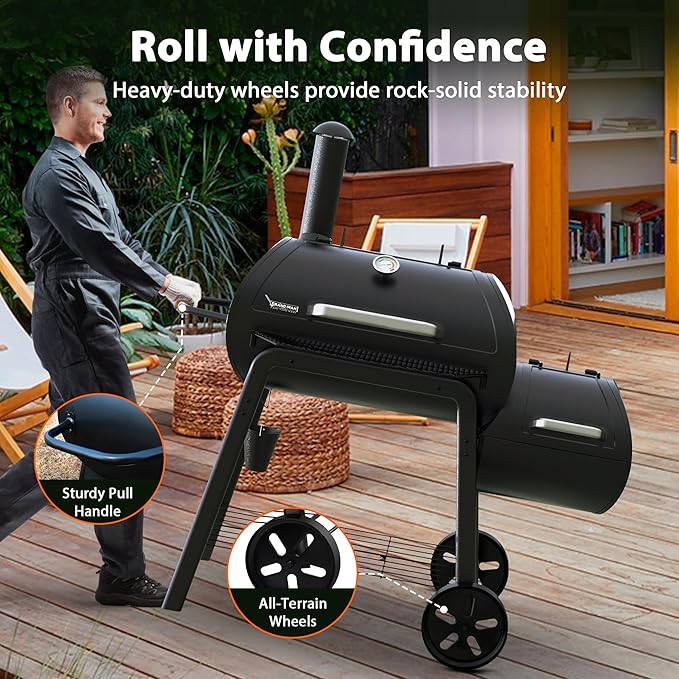 Brand-Man Charcoal Grill Offset Smoker, Heavy-Duty Barrel BBQ Grill Smoker Combo with Side Fire Box for Outdoor Patio and Backyard Cooking