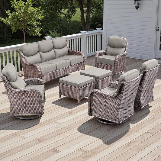 Wicker Outdoor Patio Furniture Set - 7 Piece Patio Conversation Sets with Swivel Rocker Chairs, Ottomans and Sofa, 6 inch Cushions, Waterproof Wicker, for Porch Deck Brown/Beige