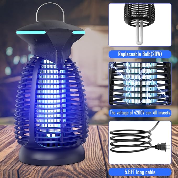 Bug Zapper Outdoor for Mosquito Flies - Waterproof Insect Killer Trap Lamp Electric 4200V Powerful Bug Zappers Indoor with LED Light for Patio Porch Garage Backyard & Home