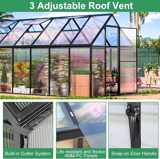 CDCASA 6x16 FT Greenhouse for Outdoors, Large Polycarbonate Greenhouse Aluminum Greenhouses w/Vent Window, Swing Door & Easy Assembly Walk-in Green House for Patio, Backyard, Garden, Black