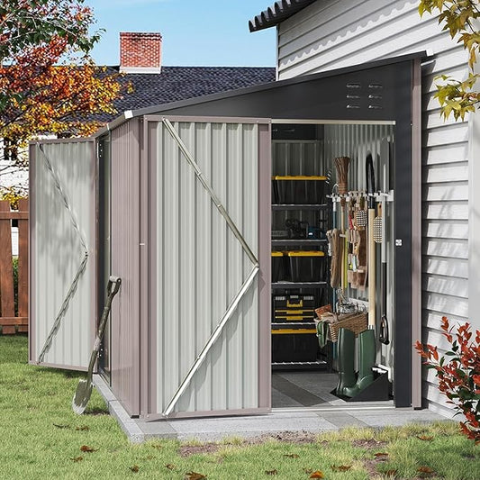 Aoxun 7x5 FT Lean to Shed Garden Metal Storage Shed with Lockable Doors Outdoor Bike Shed for Backyard, Patio, Poolside (Brown)