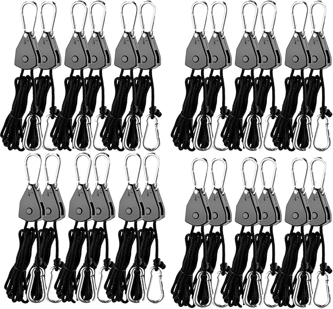 Grow Light Rope Hanger ，1/8" 8-Feet Long Heavy Duty Adjustable Rope Clip Hanger, Adjustable Rope Ratchet Hangers 150 Lbs per Pair (12 Pairs)