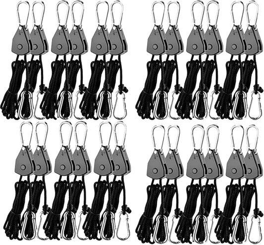 Grow Light Rope Hanger ，1/8" 8-Feet Long Heavy Duty Adjustable Rope Clip Hanger, Adjustable Rope Ratchet Hangers 150 Lbs per Pair (12 Pairs)