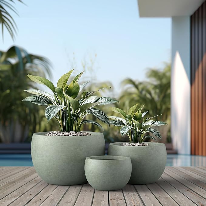 Kante 19.9",15.7",11.8" Dia Round Concrete Planter Set of 3, Outdoor/Indoor Large Bowl Plant Pots with Drainage Hole and Rubber Plug for Garden Patio Balcony Home, Mint Green