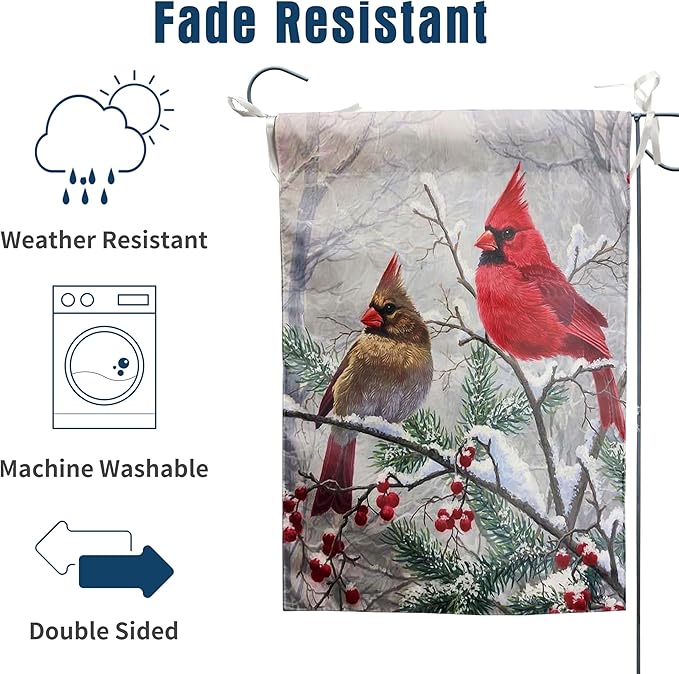 Winter Cardinal Bird Garden Flags Christmas Banners for Outside 12x18 Double Sided Red Birds on Tree Branch Flag Welcome New Year Yard Flag Farmhouse Outdoor Decor