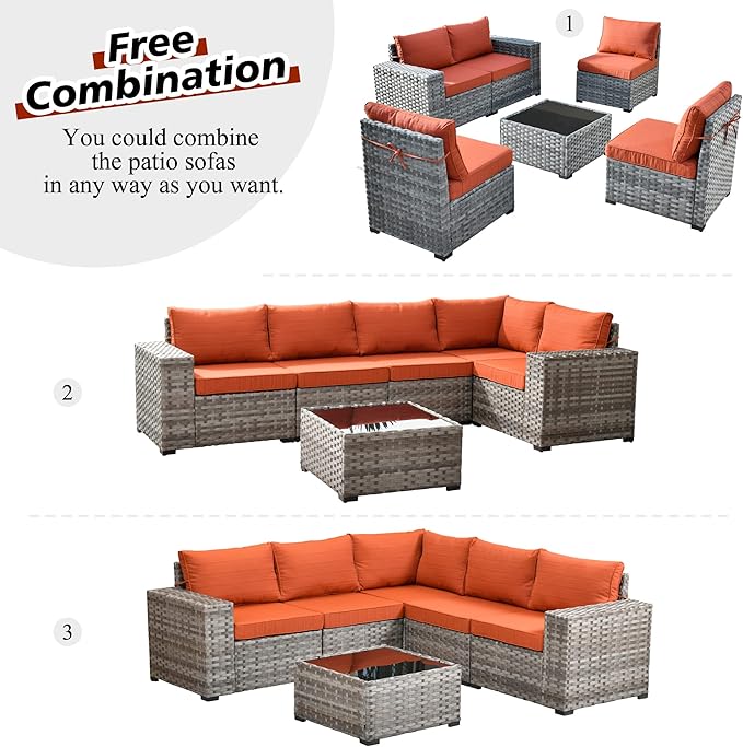 HOOOWOOO 10 Piece Modular Patio Outdoor Sectional Furniture Set with Gas Propane Fire Pit Table,Wicker Conversation Sofa Set with Swivel Chairs,Outside Couch Set(Orange Red)