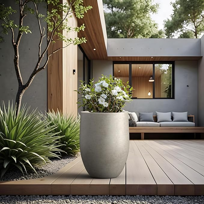 Kante 21.7" H Stone Gray Concrete Tall Planter, Large Decorative Garden Pot with Drainage Hole and Rubber Plug for Outdoor Indoor Plants, Modern Round Style for Home and Garden