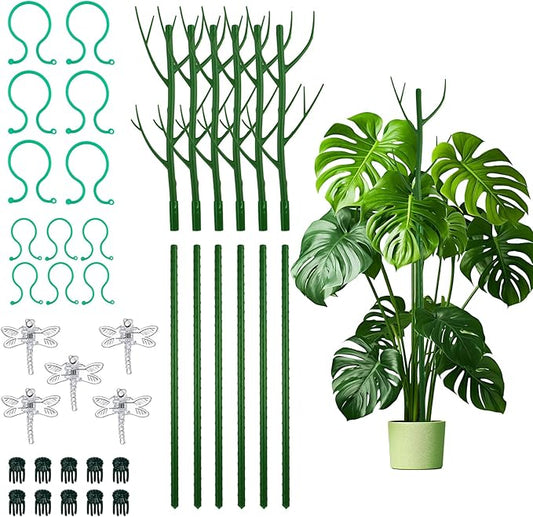 Plant Support Stakes Set 6 Pack 28.5" Detachable Twig Monstera Plant Support Sticks with Dragonfly Clips Orchid Clips, Stackable Green Branch Trellis for Climbing Potted Plants Indoor Outdoor