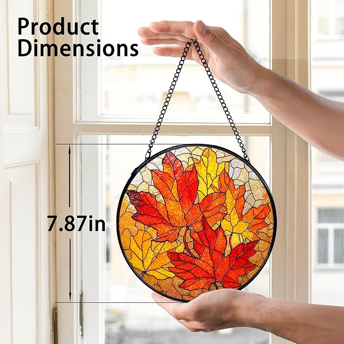 TNUW Fall Leaf Stained Glass Window Hanging, Rustic Autumn Maple Leaves Sun Catchers Indoor Window Glass Round Wall Art Decor, Fall Autumn Wall Hanging Decorations, 7.9＂x7.9＂