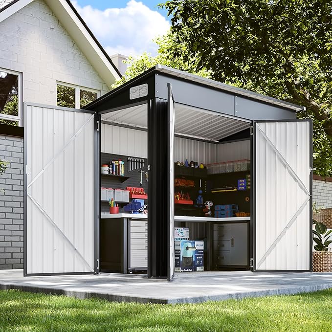 8'x4' Shed Galvanized Steel Storage Sheds with Triple Doors Utility Sheds for Vertical Storage, Dual Lock Lean to Shed with Sloped Roof for Mower, Bike, Garden Tools (Black)