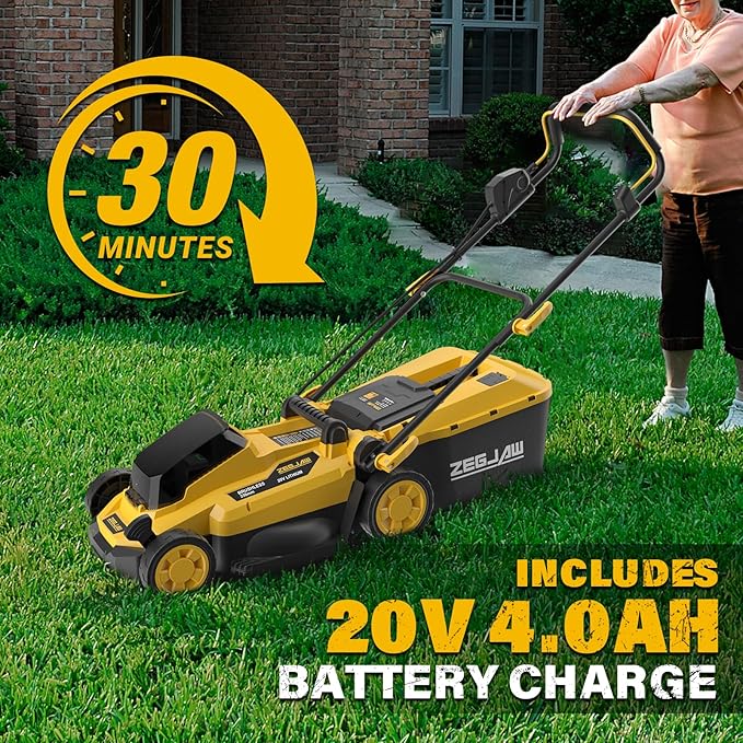 Electric Lawn Mower, 13-Inch 20V Electric Lawn Mower Cordless, 4.0Ah Battery and Charger Included, 2-in-1 Push Lawnmower with Grass Collection Bag, Adjustable 5-Positions Cutting Height