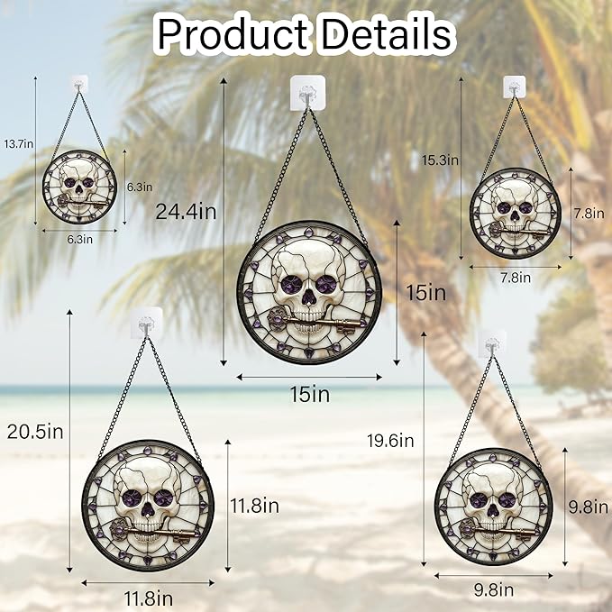 Stained Glass Window Hanging - Halloween Scary Skull Suncatcher for Doors Garden Home Spooky Purple Skeleton Key Sun Catchers Gothic Decor Horror Gifts for Women Men Friend Boy Girl 7.8 in