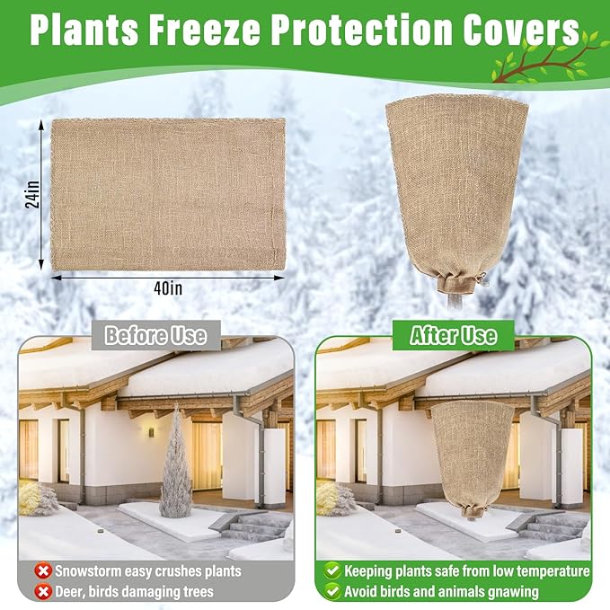 Riare 4 Packs 24 × 40 Inch Burlap Winter Plant Cover Bags with Drawstring- Reusable Large Burlap Sack Plant Frost Protector, Plant Frost Cloth Cold Tree Freeze Blanket for Outdoor Plants Fruit Shrubs