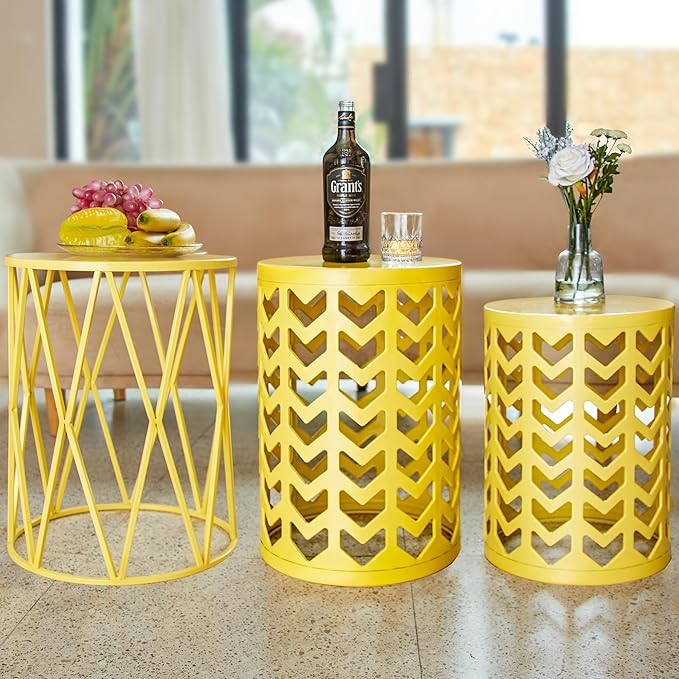HFHOME Set of 3 Metal Side End Tables Nightstand, Nesting Round Coffee Table for Indoor Outdoor, Heavy Duty Metal Plant Stand Living Room Garden Stool - Yellow