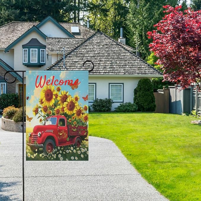 Welcome Flower Truck Garden Flag 18x24 inch Spring Old Car Daisy Sunflower Double Sided Decorative House Yard Flags for Spring Summer Garden Yard Outdoor Indoor Lawn Farmhouse Outside Decoration