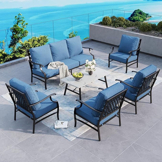 6 Piece Metal Outdoor Patio Furniture Set, Patio Conversation Sets 1 3-Seater Sofa, 4 Fixed Chairs with 5.75" Thick Cushion and Coffee Table, Backyard Furniture Set for Deck, Navy