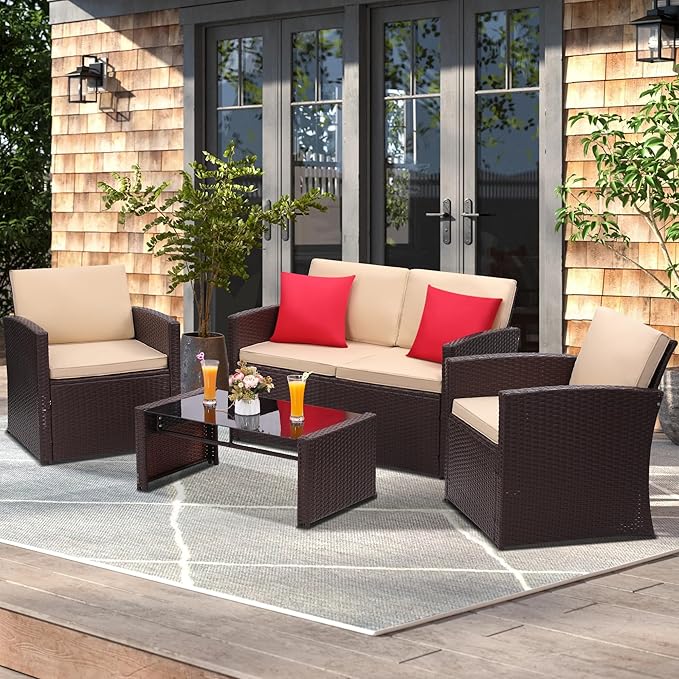 4 Pieces Patio Conversation Set, Outside Rattan Sectional Sofa, Cushioned Furniture Set, Wicker Sofa Ideal for Garden, Porch, Backyard, Brown Color Rattan and Beige Cushion