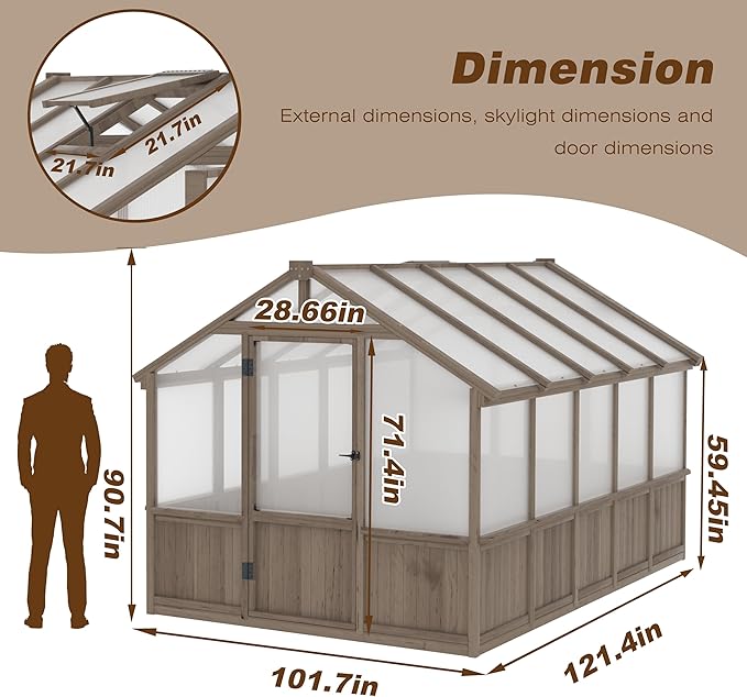 BlueWish 8x10 FT Greenhouse Kit, Wood Greenhouses with 6MM Polycarbonate Panel, Green House with Adjustable Vent & Lockable Door, Walk-in Greenhouse for Outside, Garden, Backyard