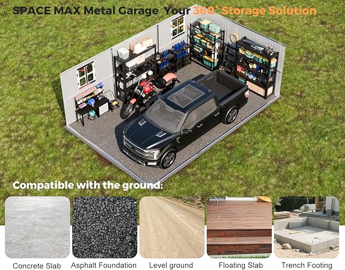 Metal Garage Shed 13x20x8.5' with Floor Kit, Large Outdoor Storage Building Ultra-Reinforced Truss System, with Skylights Dual-Entry Steel Carport Workshop for Car Boat Big Tool Organization