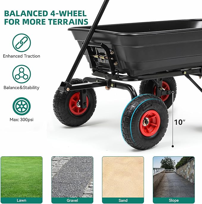 600lb Garden Dump Cart,4 Cu.Ft Utility Wagon Wheelbarrows with Quick-Release System&4 Pneumatic Tires,Heavy Duty Yard Dump Wagon with Steel Frame for Yard, Farm, Garden(Black)
