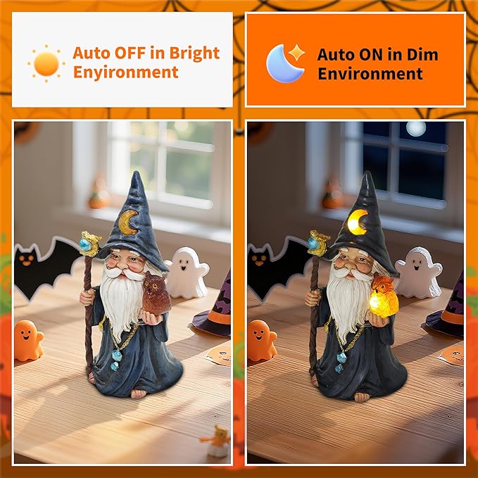 Helloween Solar Gnomes Decoration: 8.7'' Funny Merlin Statue with Owl & Magic Wand for Home Office Party Perfect Collectible Figurines Gift for Womens