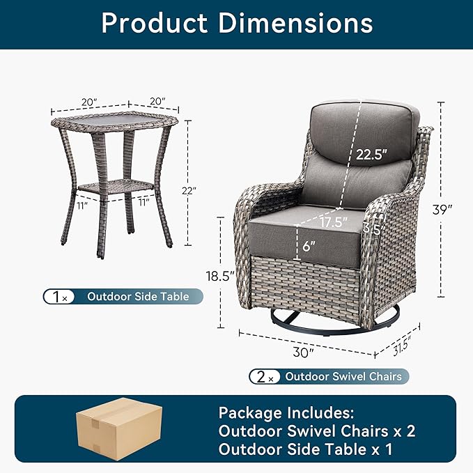 Luxury High Back Outdoor Swivel Rocker Patio Chairs with Side Table & 6-Inch Thick Cushions, 3 Pieces Patio Furniture Set for Porch, Balcony, Deck and Yard