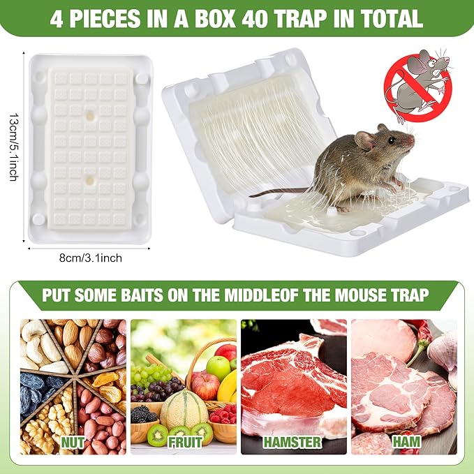 Qualirey 40 Pcs Baited Mouse Glue Traps Indoor for Home Adhesive Plastic Sticky Rat Traps Pads Bulk for House Pest Mice Rats Indoor Outdoor, Simple and Easy to Use (White)