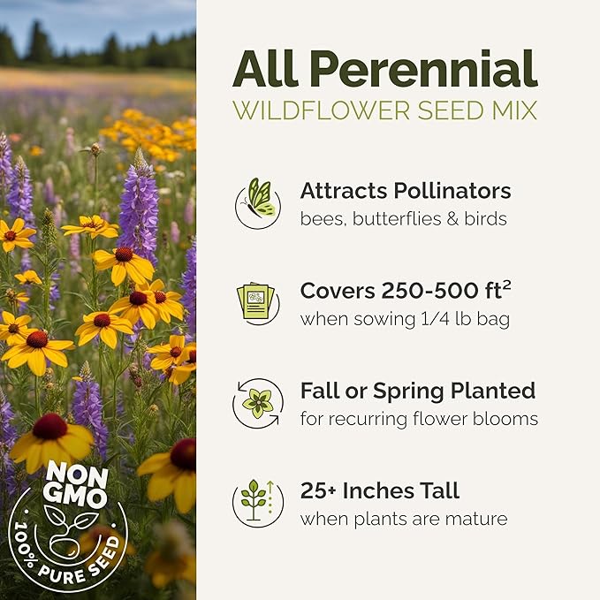 Eden Brothers All Perennial Wildflower Mixed Seeds for Planting, 5 lb, 2,400,000+ Seeds with Lupine, Shasta Daisy| Attracts Pollinators, Plant in Spring or Fall, Zones 3, 4, 5, 6, 7, 8, 9, 10