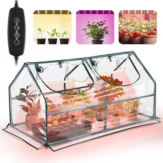 Meonum Indoor Greenhouse with Grow Light, 47.2 L x 23.6 L x 23.6 W Small to Medium Portable Greenhouse with 13W Dimmable Dual Plant Lamp, Timing Function and PVC Cover for Seed Starting