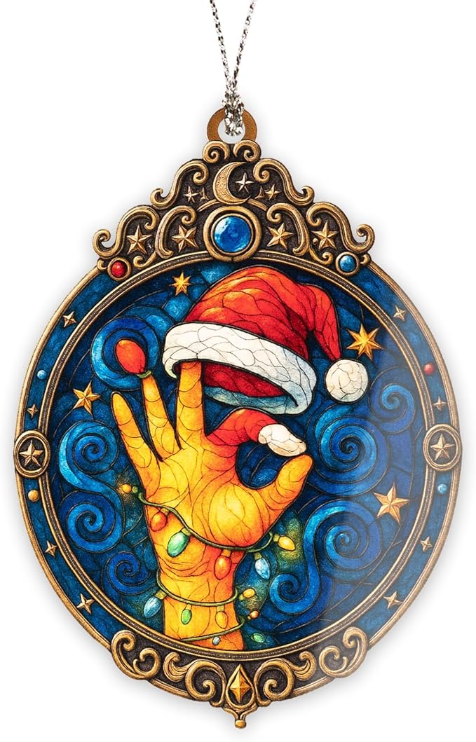 Funny Santa Hand OK Sign Ornament – funny ornament – christmas decor – gag gifts – santa ornament – Suncatcher effect window hanging – Car Hanging