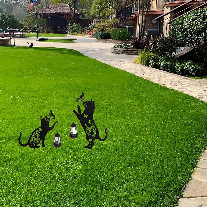 Solar-Powered Black 2-Pack Cats Garden Decor Stakes - Metal Silhouette Figurine for Outdoor Yard, Lawn, and Patio Decoration