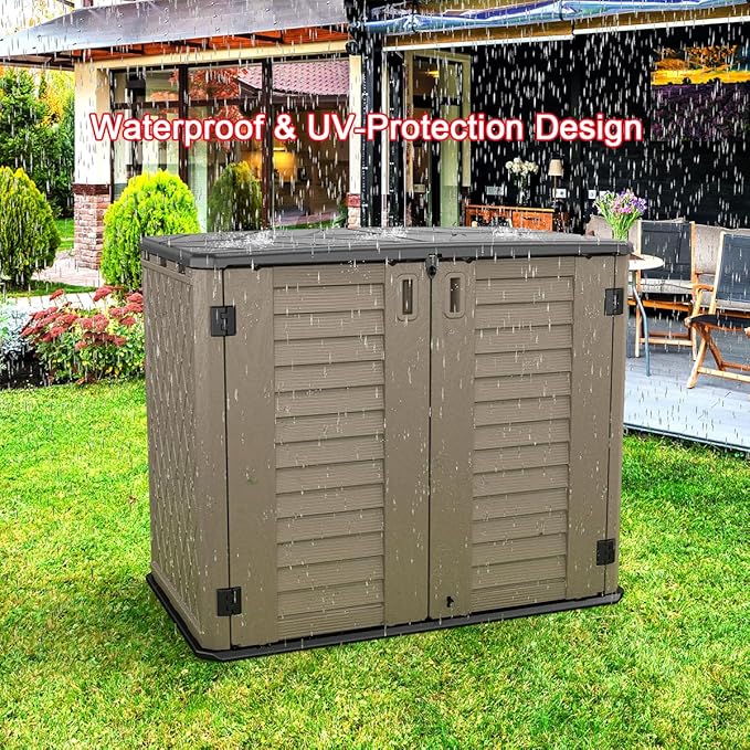 KINYING Outdoor Storage Shed - Horizontal Storage Cabinet Waterproof for Garden, Patio, Backyard, Storage Box for Easy Storage of Garbage Cans, Tools, Lawn Mower, 35 Cubic Feet,Dark Brown