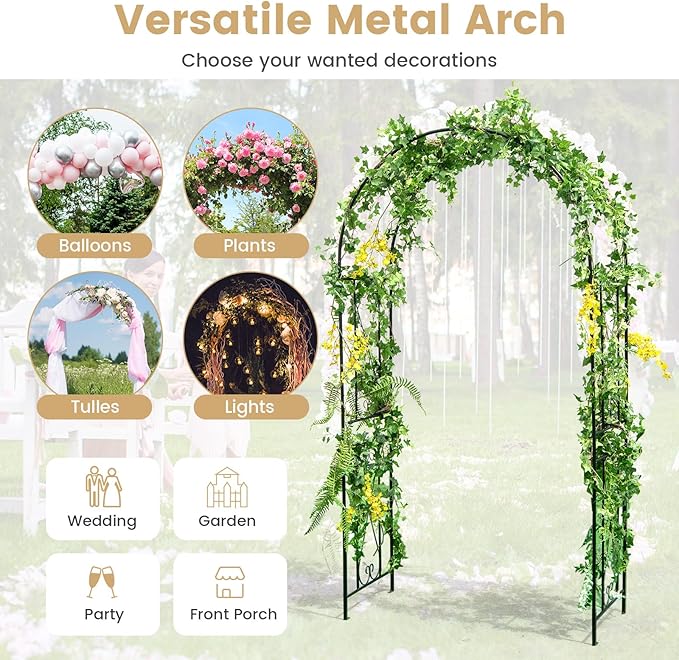 Moccha Garden Arch, 7.2Ft Metal Arbor for Climbing Plants, Vines, Roses, Outdoor Pergola Trellis with Stakes, Wide Garden Archway Arbor Trellis for Lawn Wedding Bridal Party Decoration Ceremony