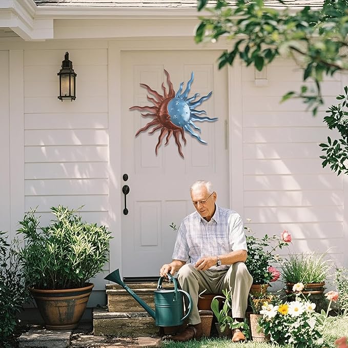 VZVXCC Metal Sun Outdoor Wall Art Decor-30 Inch Larger Size Sun Outdoor Wall Art Decor with Moon & Stars,Retro Decoration Hanging for Indoor Outdoor Garden Fence Living Room Bedroom