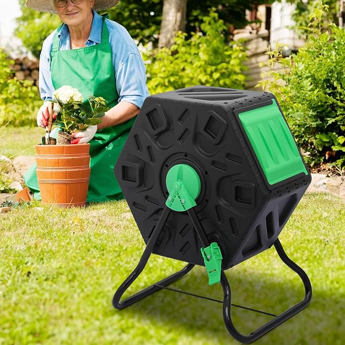 Magshion 1 x 17 Gal Outside Chamber Compost Tumbler from BPA Free Material, Outdoor All-Season Fast-Working High Volume Composter Tumbling Bin, Sliding Door