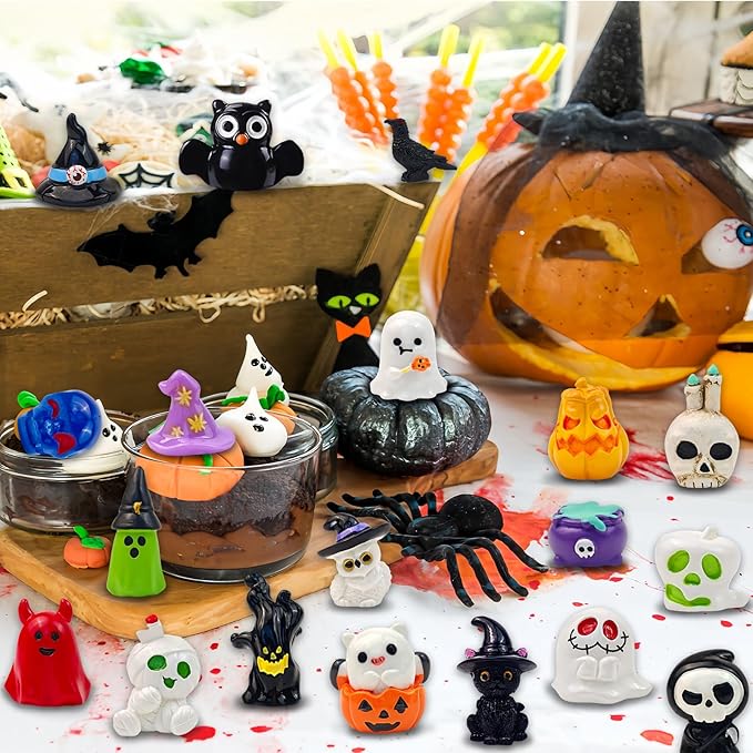 38 Pcs Halloween Mini Resin Figures Tiny Little Pumpkin Ghost Skull Miniature Figurines Bulk for Halloween Party Micro Landscape Fairy Garden Decor