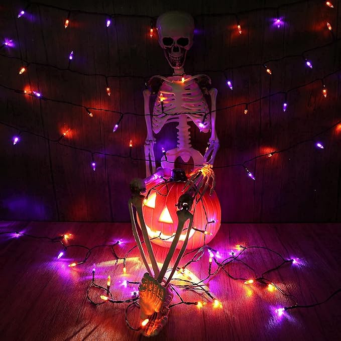 Joomer Orange Purple Halloween Lights - Battery Operated 33ft 100 LED String Lights, Waterproof Outdoor Indoor with 8 Modes Timer for Party, Garden, Halloween Decor