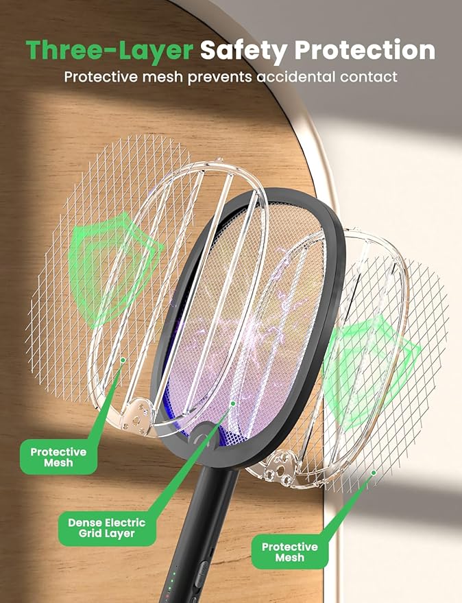 YISSVIC Electric Fly Swatter Foldable Bug Zapper Racket 2 in 1 Mosquito Killer with Purple Attractant Light Rechargeable 1800mAh for Indoor Home Backyard Patio Camping