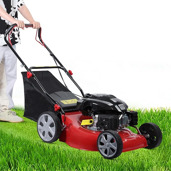 4-Cycle Self Propelled Gas Lawn Mower with Bagging,141cc OHV Engine with Air Cooling, 20" Steel Deck, 3-in-1 Cutting System, 8-Level Height Adjustment, 20L Grass Catcher, Foldable Desig Red