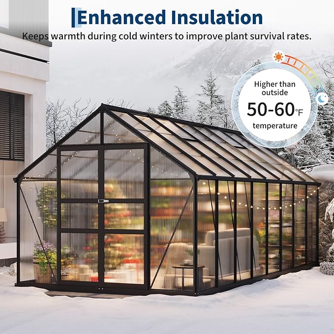 Greenhouses, 8×16 FT Greenhouse, Easy Assembly Aluminum Polycarbonate Greenhouses for Outdoors with Roof Vent, Large Aluminum Walk-in Greenhouse for Patio, Backyard, Garden, Lockable Hinged Door