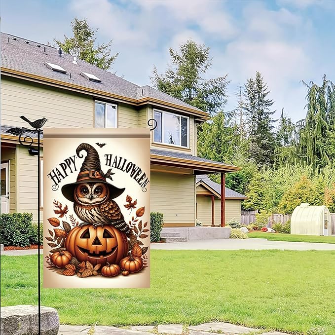 12 x 18 Inch Halloween Garden Flag Owl Pumpkin Witch Hat Outdoor Yard Decoration Double Sided Happy Halloween Banner for Outside Decorations Garden Yard Autumn Harvest Holiday Theme