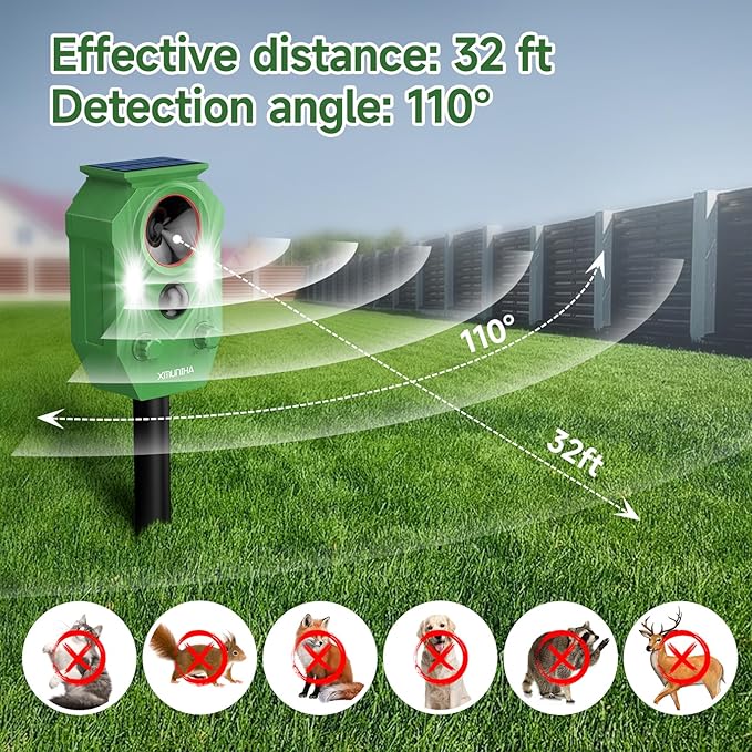 Solar Ultrasonic Animal Repellent Outdoor, Deer Repellent for Yard with RIP Sensor, IP65 Waterproof Squirrels Repeller, Effective Deterrent Cat, Raccoons, Skunks, Rabbits - Light Green