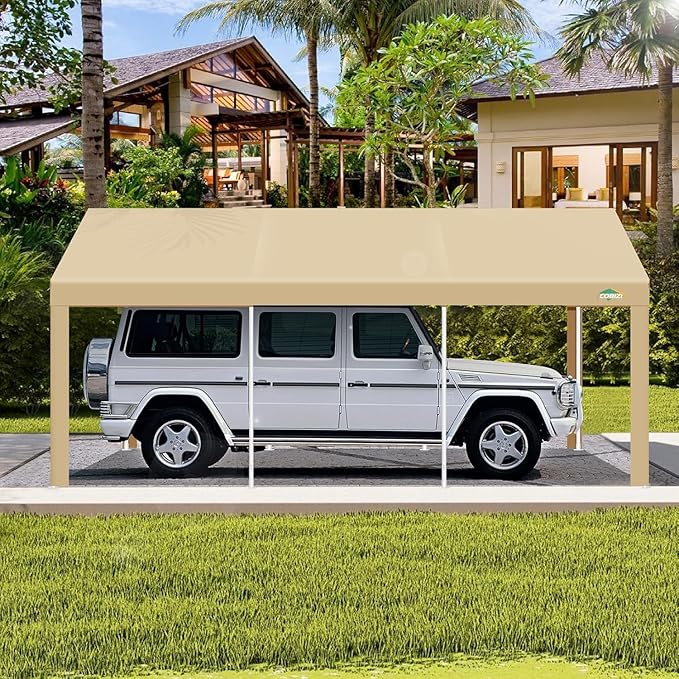 COBIZI Carport 10x20ft Heavy Duty Portable Garage, 2.0 Powder Coated Frame(Better Than Galvanized), Waterproof Shelter with Built-in Sandbags, for Car/Boat/SUV, Khaki