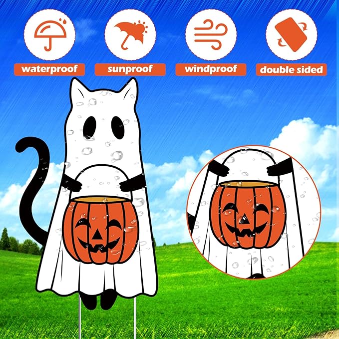 Nuanchu 7 Pcs Halloween Yard Outdoor Decorations Ghost Cat Yard Signs Corrugated Plastic Ghost Cat Pumpkin Lawn Sign with Stakes Waterproof Halloween Garden Stakes for Outside Scary Spooky Decor