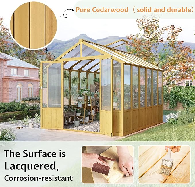 Jocisland 8x9.5x7.5 Ft Wooden Greenhouse, Pre-Assembled Solid Cedar Frame, Walk-in Design, Lockable Door, Adjustable Roof Vents, Polycarbonate Panels for Outdoor, Garden, Backyard