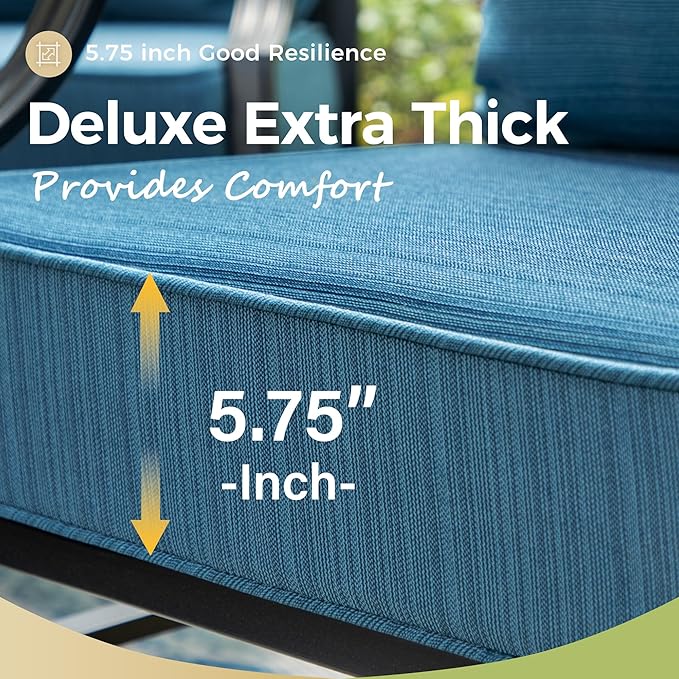 Patio Furniture Set, 4 Pcs Metal Outdoor Conversation Set, 2 Swivel Chairs and 3 Seater Sofa with 5.75" Extra Thick Cushion and Gas Fire Pit Table for Backyard Deck, Gemstone Blue