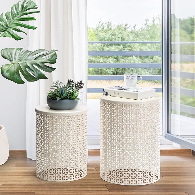 Glitzhome Outdoor Side Table Set of 2, Decorative Garden Stool for Indoor Outdoor Heavy Duty Metal Frame Accent Table Modern End Table, Cream White