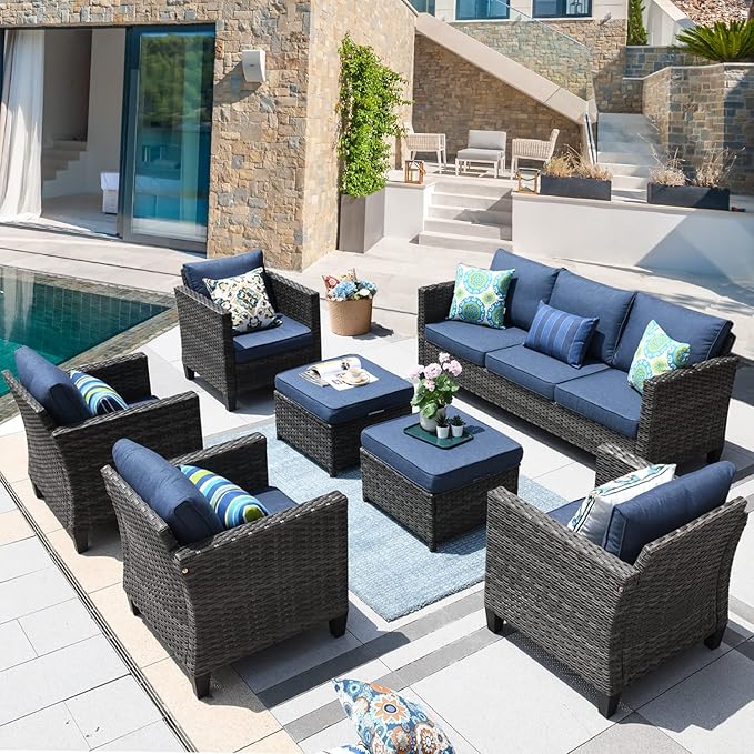 ovios Patio Furniture Set, 7 Pieces Outdoor Wicker Sofa Couch with 4 Chairs, Ottomans and Comfy Cushions, All Weather High Back Rattan Conversation Set, Denim Blue