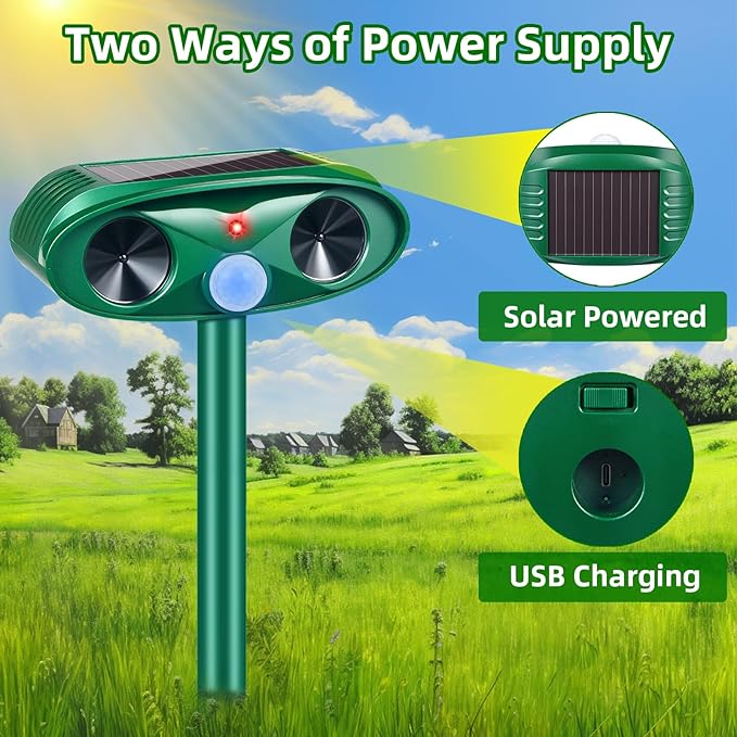 2025 Upgraded Solar Ultrasonic Animal Repeller Outdoor Cat Repellent Deer Repellent Devices with USB Charge, Animal Deterrent Device for Rabbit Raccoon Dog Squirrel Rodent Skunk for Yard Garden,2 Pcs